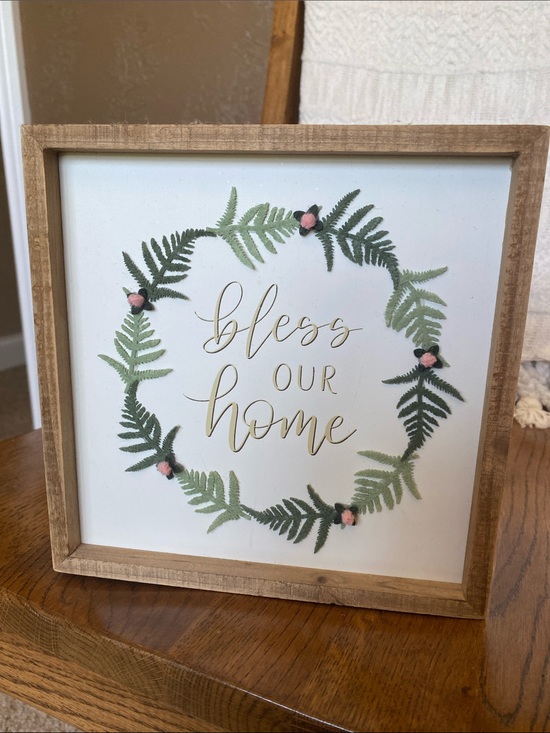 Three Girls & A Wish Other - Bless Our Home Framed Wall Art - Green Fern Wreath with Pink Accents